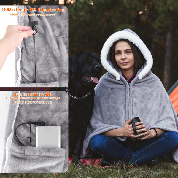 Couverture chauffante 8 zones, 59x31 po, USB, lavable
