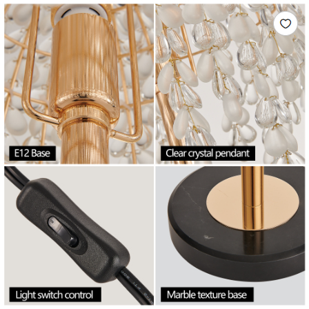 Lampe de table cristal 19po, design cascade, base marbre