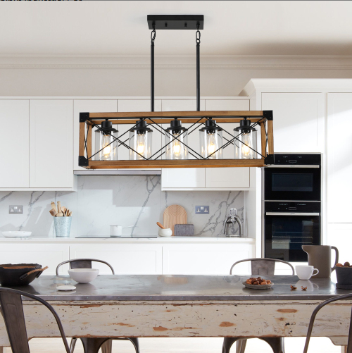 Luminaire suspendu rectangle noyer 32po, 5 lumières, cuisine salle à manger