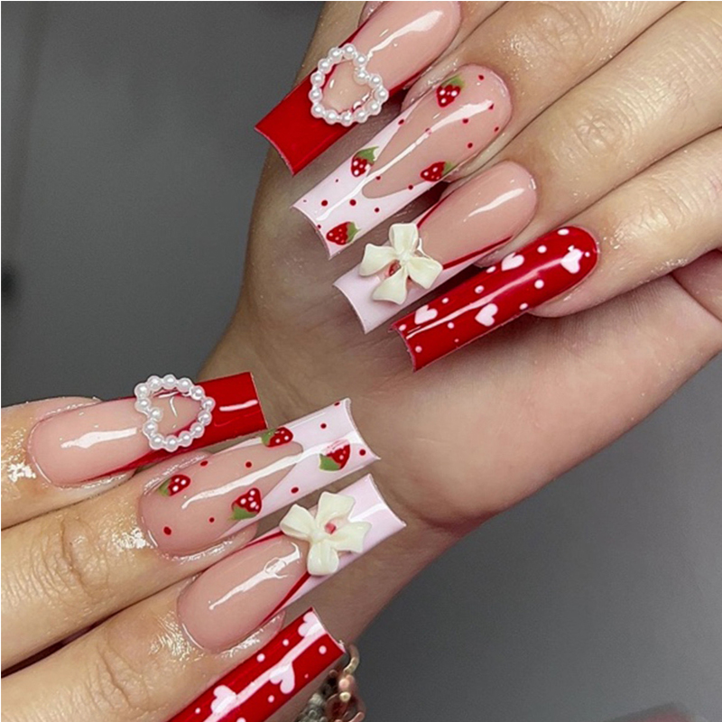 24 PCS Fraises Nœuds Ongles Artificiels Longs Carrés