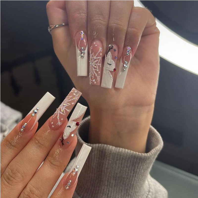 24 ongles artificiels cerf diamant neige long