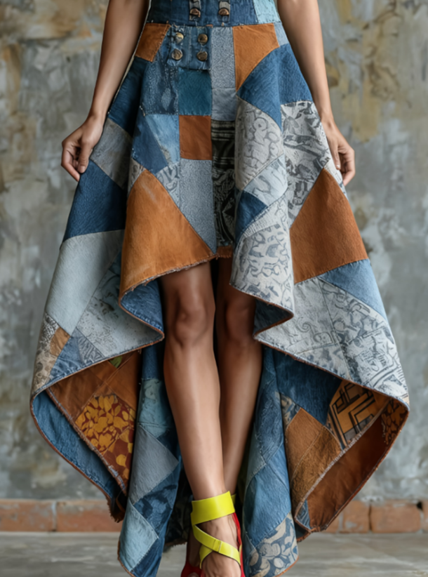 Jupe évasée taille haute asymétrique denim distressé