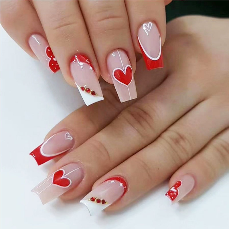 24 ongles artificiels cœur rouge blanc long