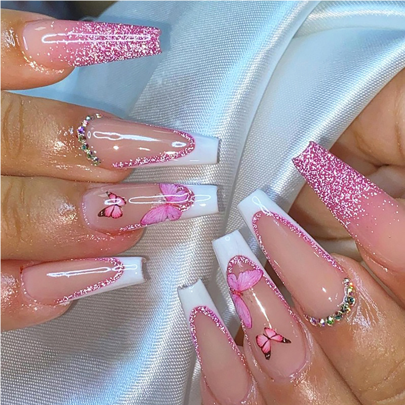24 ongles artificiels papillon paillettes long