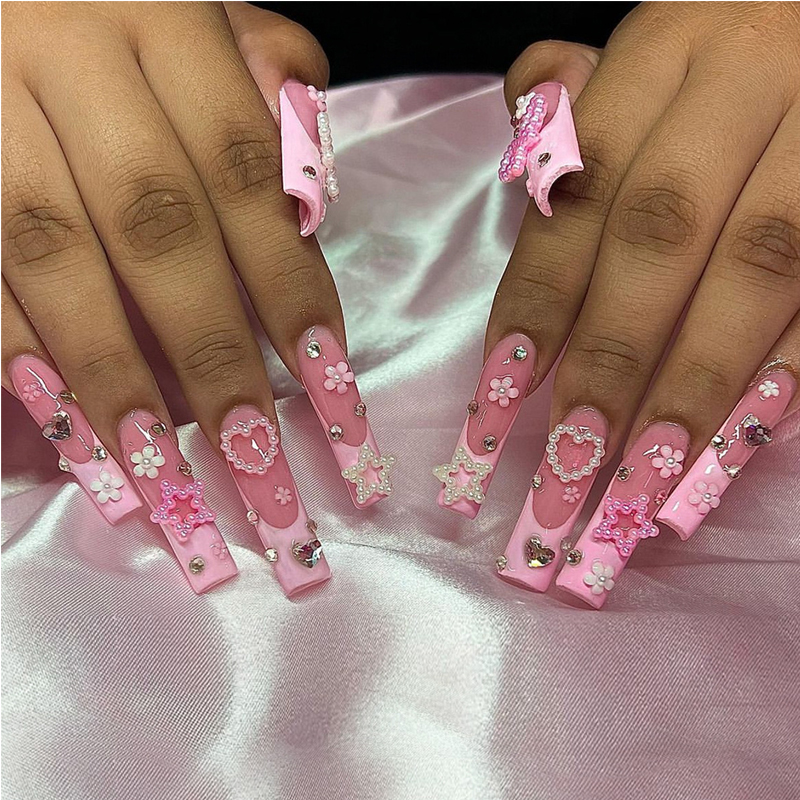 24 ongles artificiels étoile amour perle long