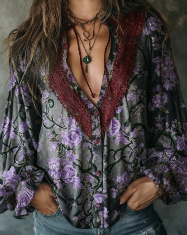 Blouse femme mousseline rétro ajourée encolure V