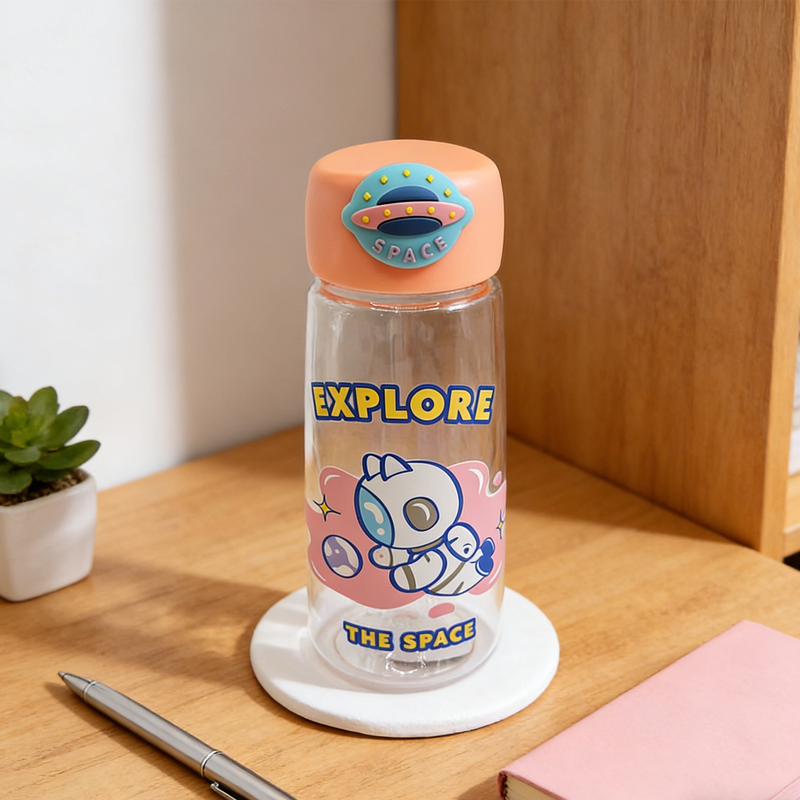 Bouteille plastique Chat astronaute 400ml rose