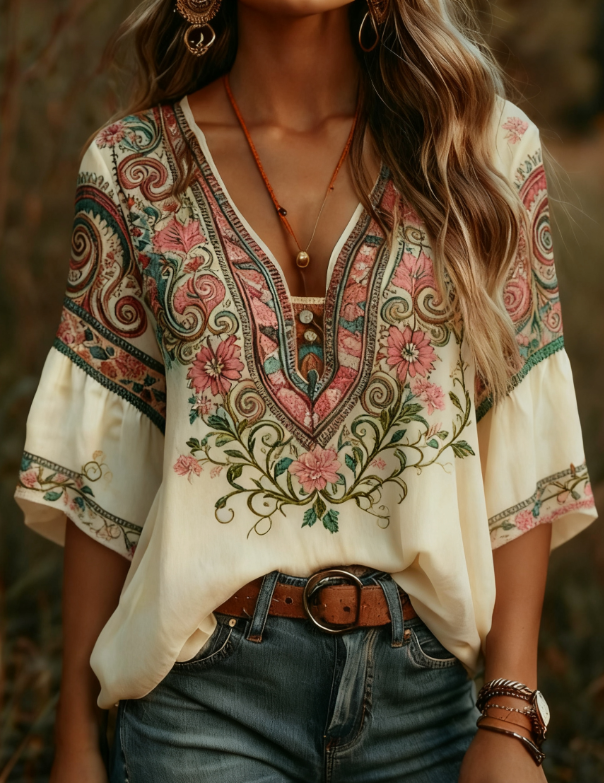 T-shirt bohème floral rétro femme