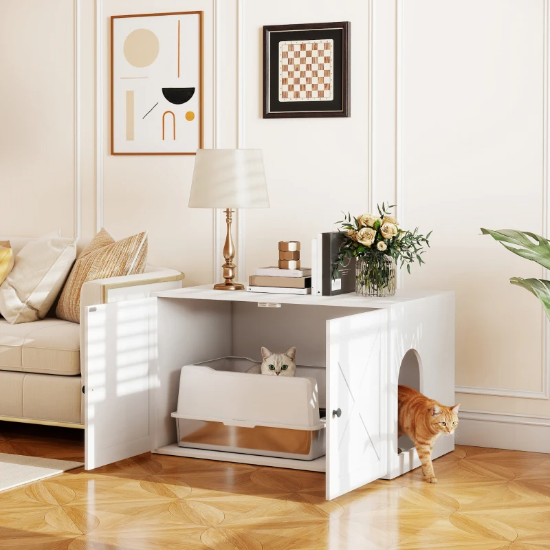 PawHut Enclos litière chat porte grange, blanc