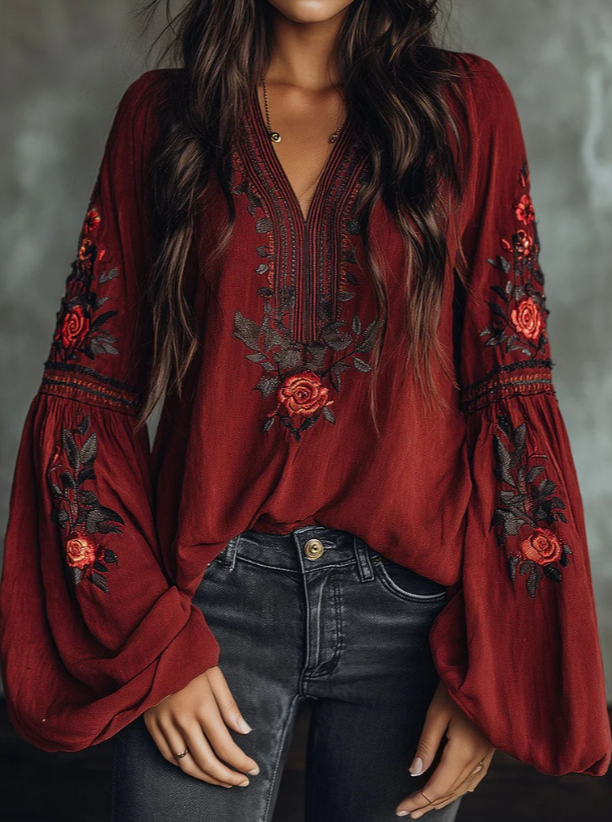 Chemise ample à manches longues brodée style ethnique rétro