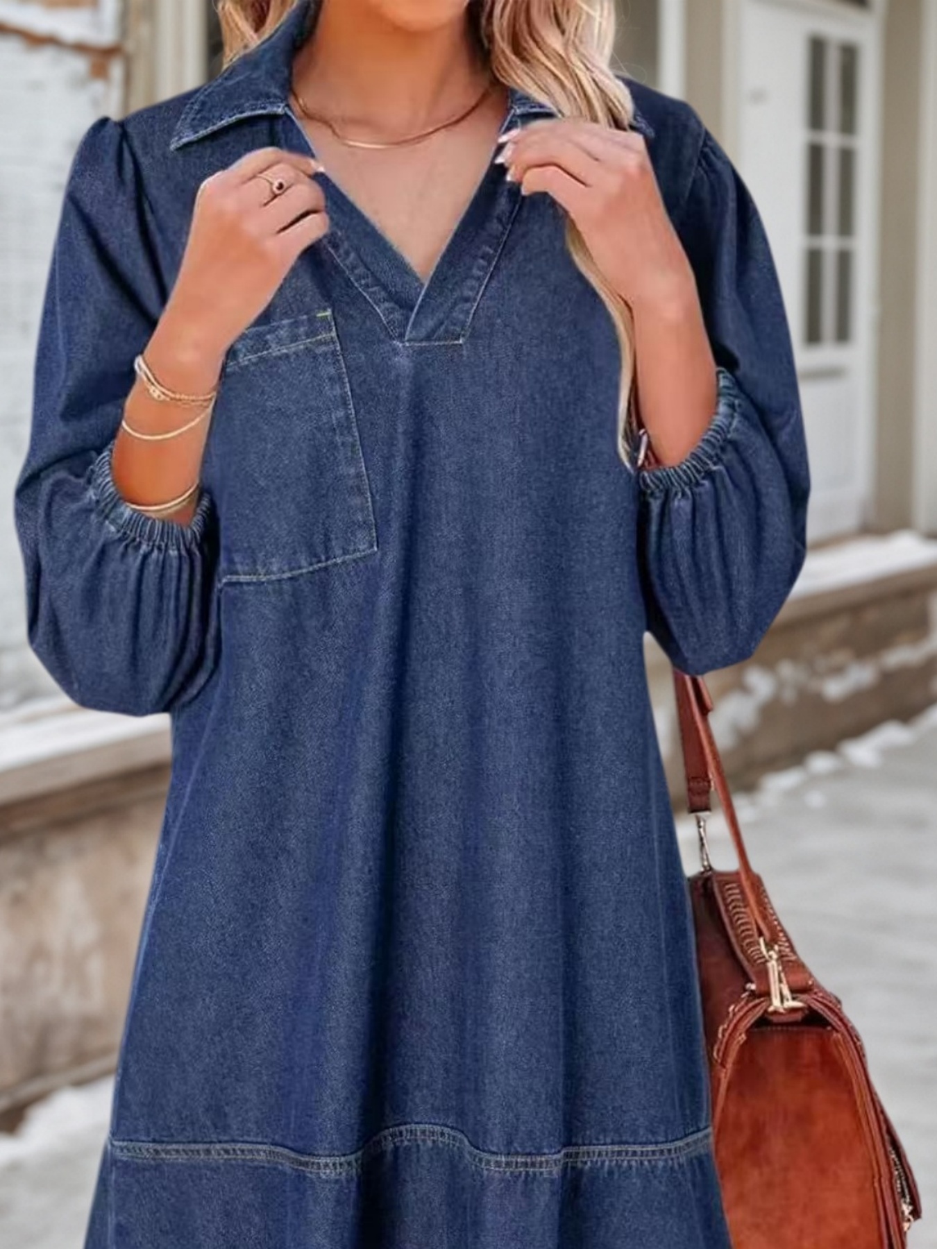 Robe casual femme décolleté V, manches 3/4, denim bouffant