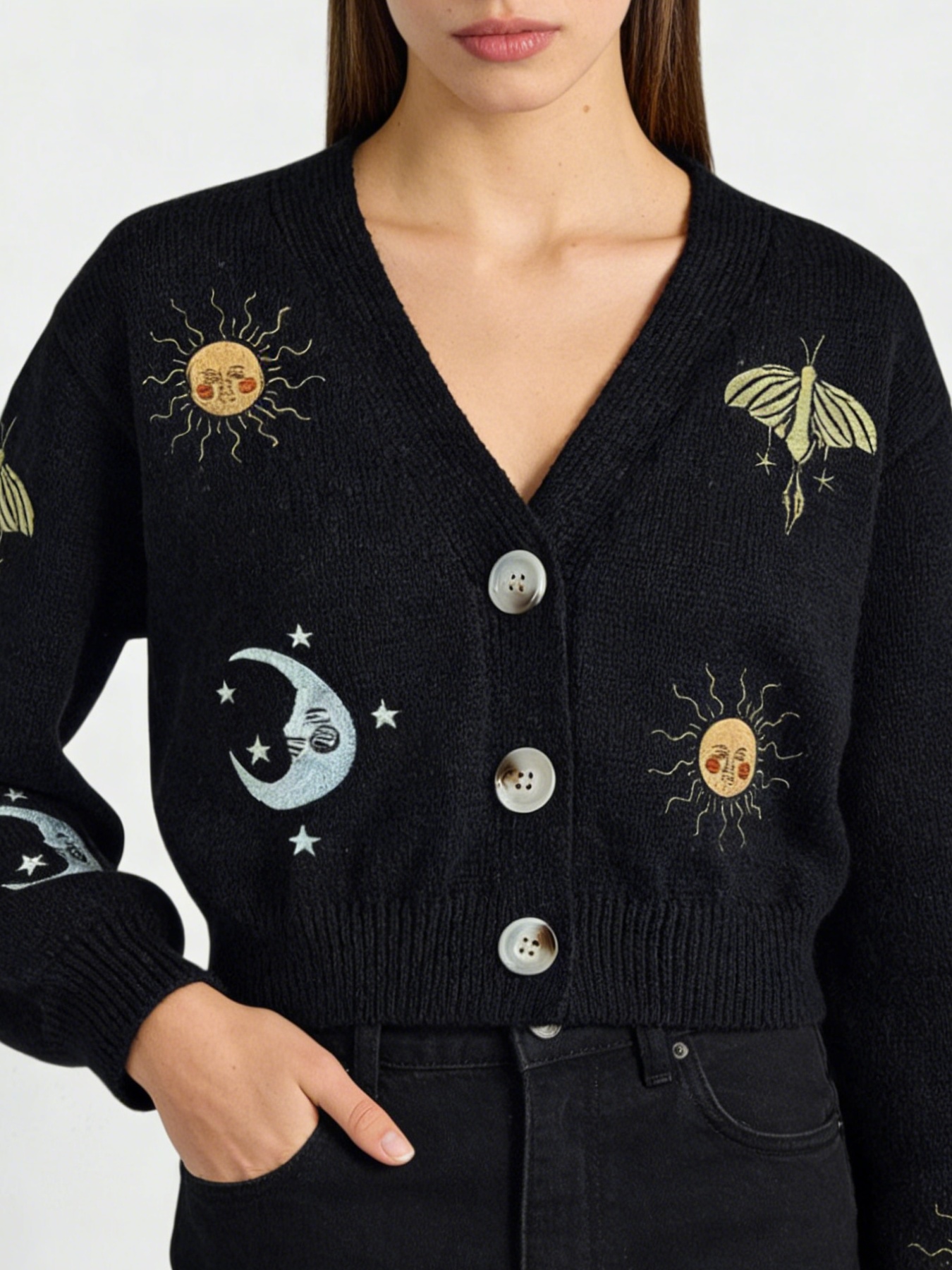 Cardigan femme tricot brodé soleil lune, manches lanterne, col V