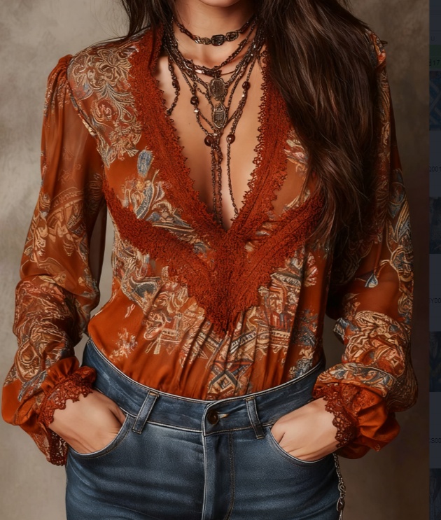 Chemise rétro à motif cachemire, col V et manches bouffantes
