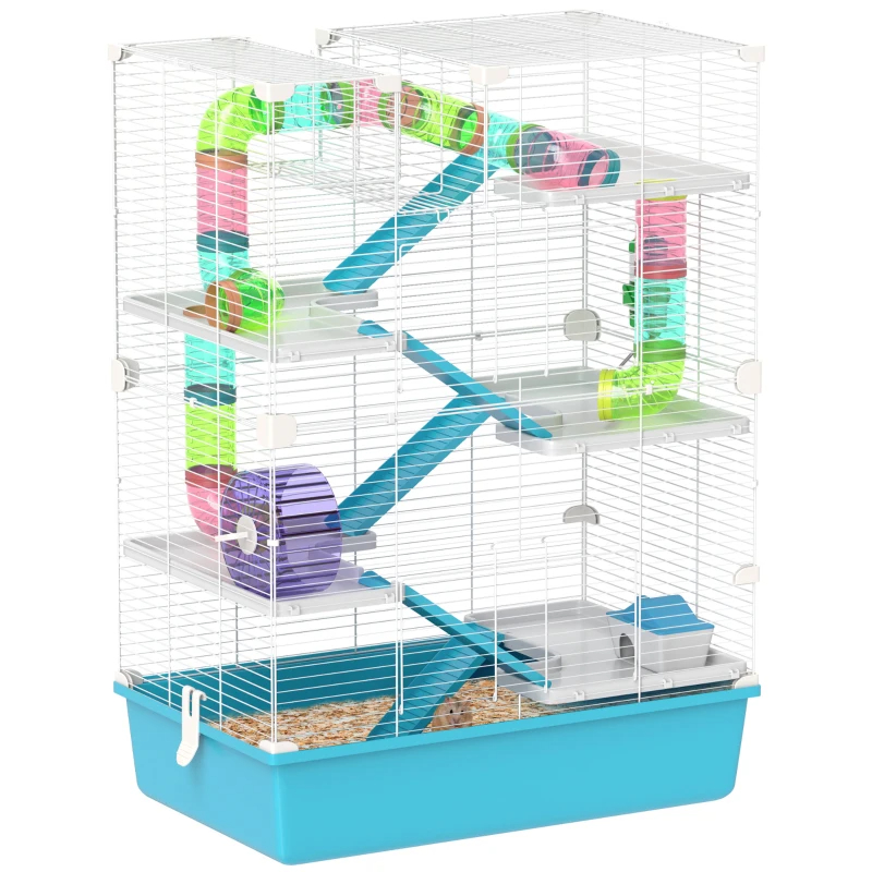 Cage hamster PawHut 6 étages tubes rampes bleu pâle