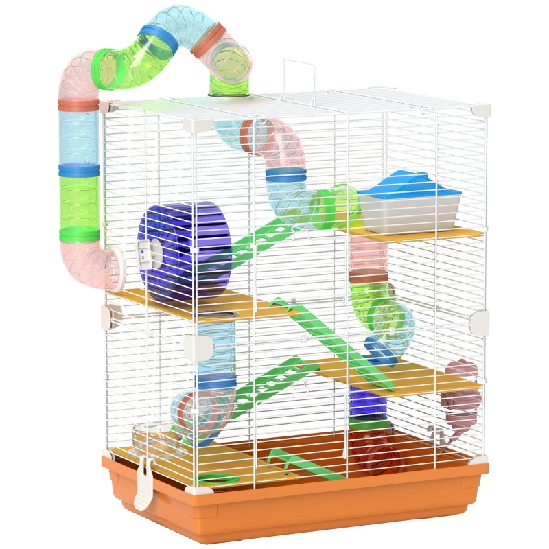 Cage hamster 5 étages portable avec roues - Orange