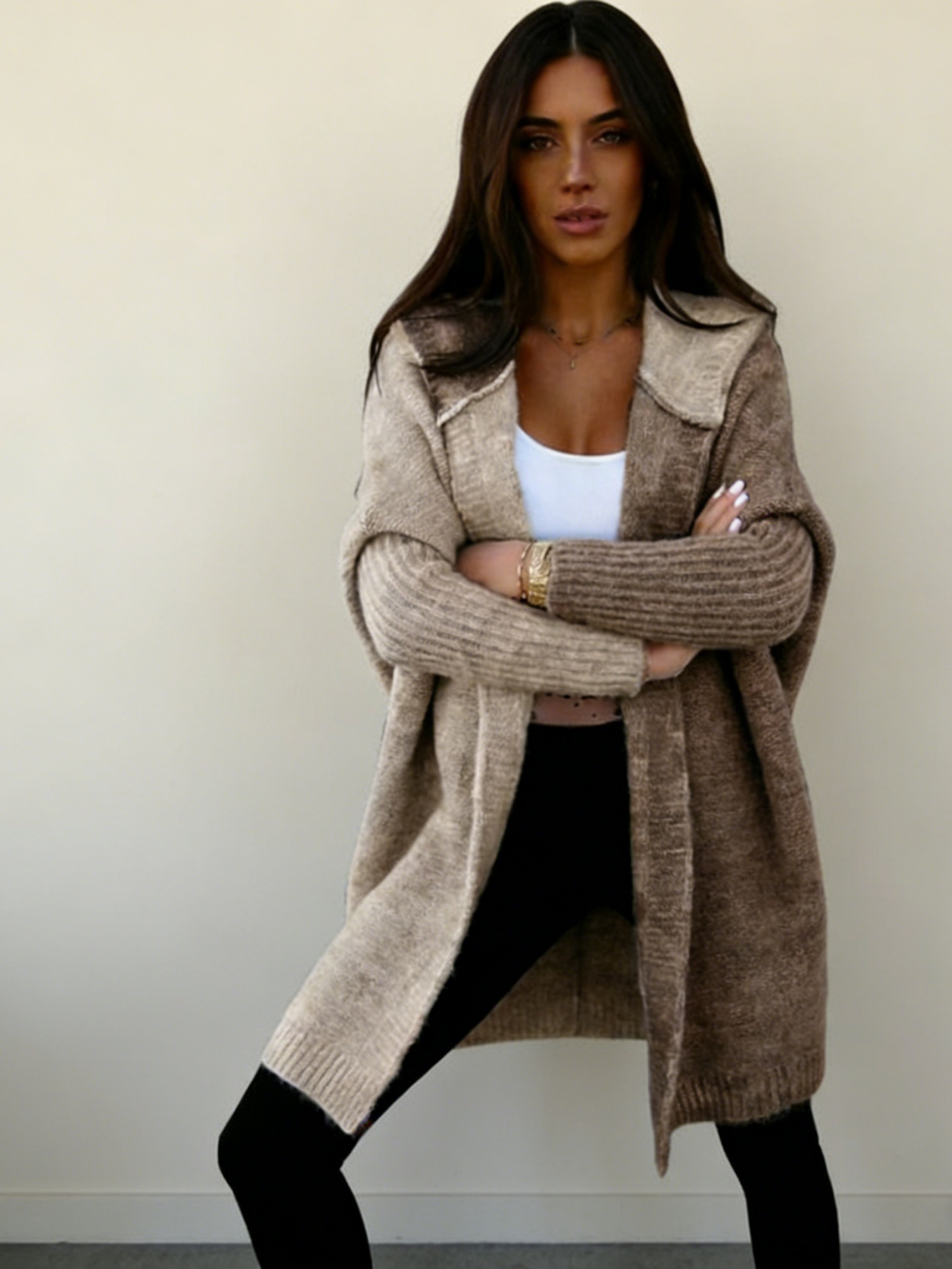 Cardigan à capuche mi-long coloré pour femme, taille grande, automne-hiver