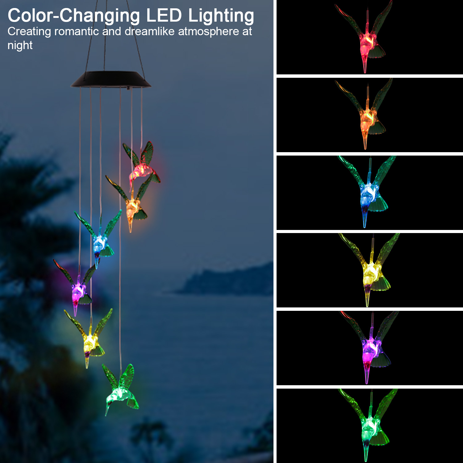 Carillon colibri solaire 6 DEL colorés IP65