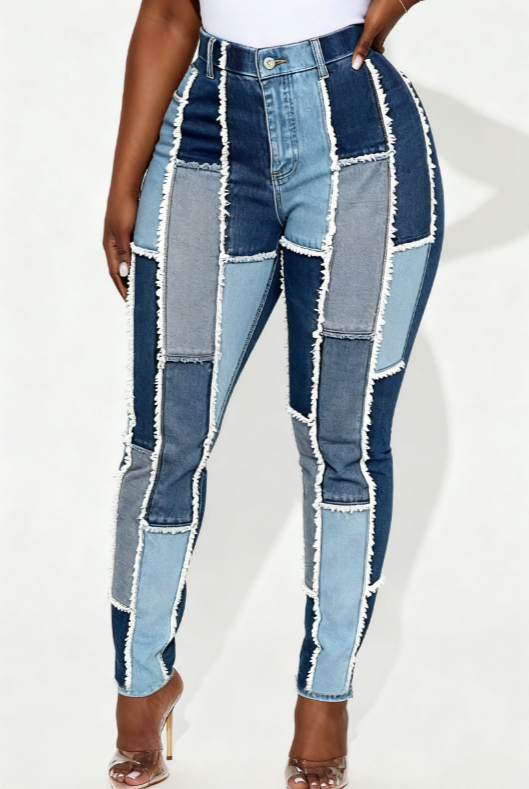 Jean slim déchiré patchwork femme taille haute