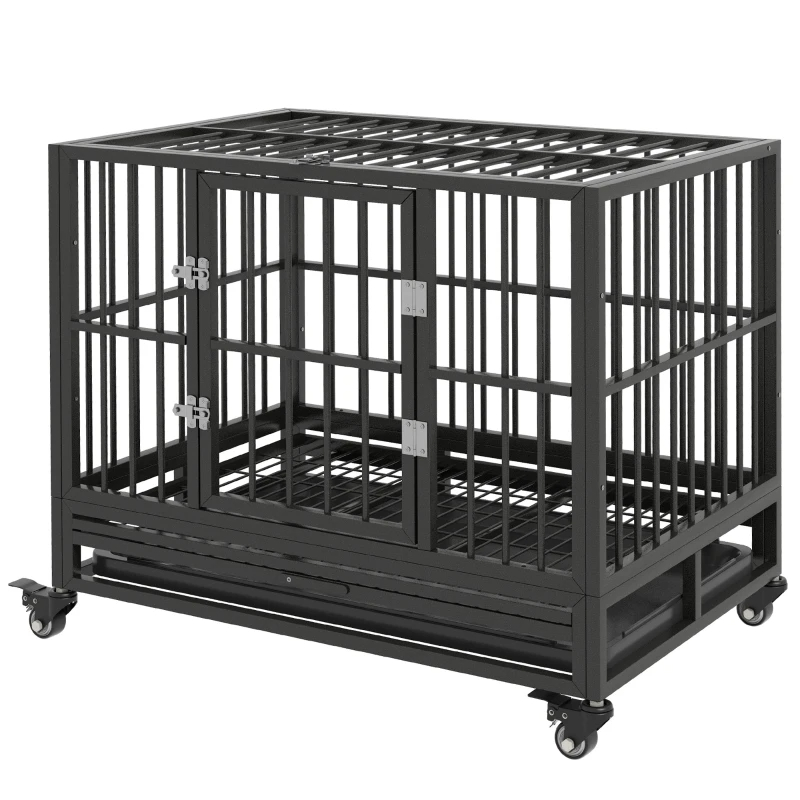 Cage chien métal robuste roulettes verrouillables, gris