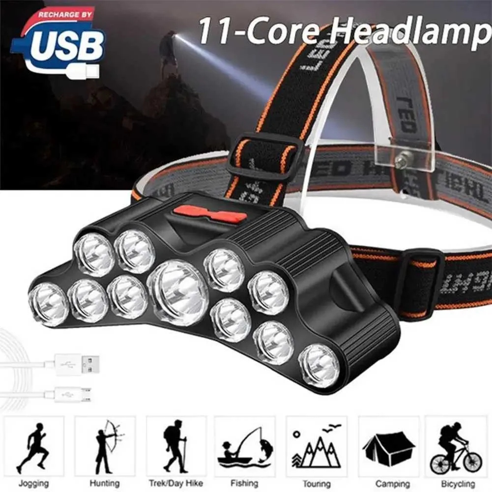 Lampe frontale USB rechargeable 11 LED batterie 18650