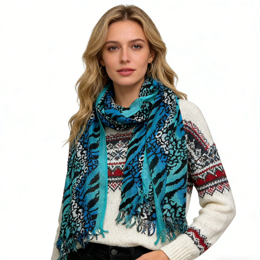 Foulard viscose turquoise imprimé bohème 72x22po
