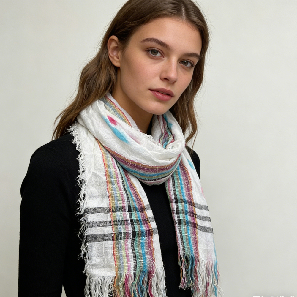 2 foulards carrés rayés colorés franges