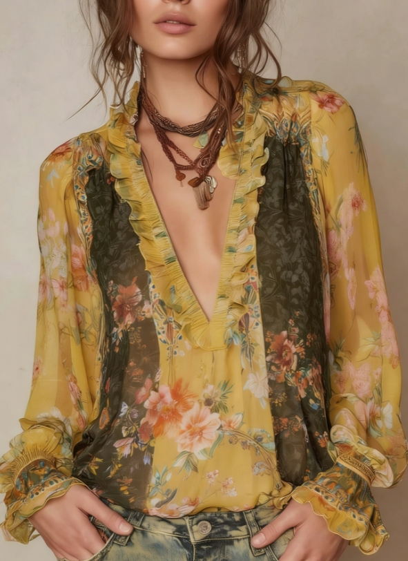 Chemise ample col V bohème rétro femme