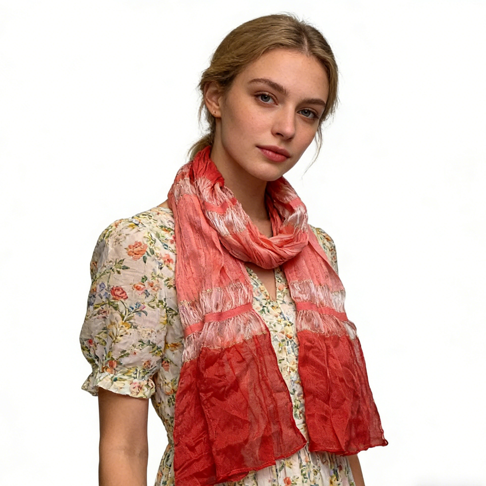 Foulard Polyester Métallisé Rouge - Long Mince Fils Argent