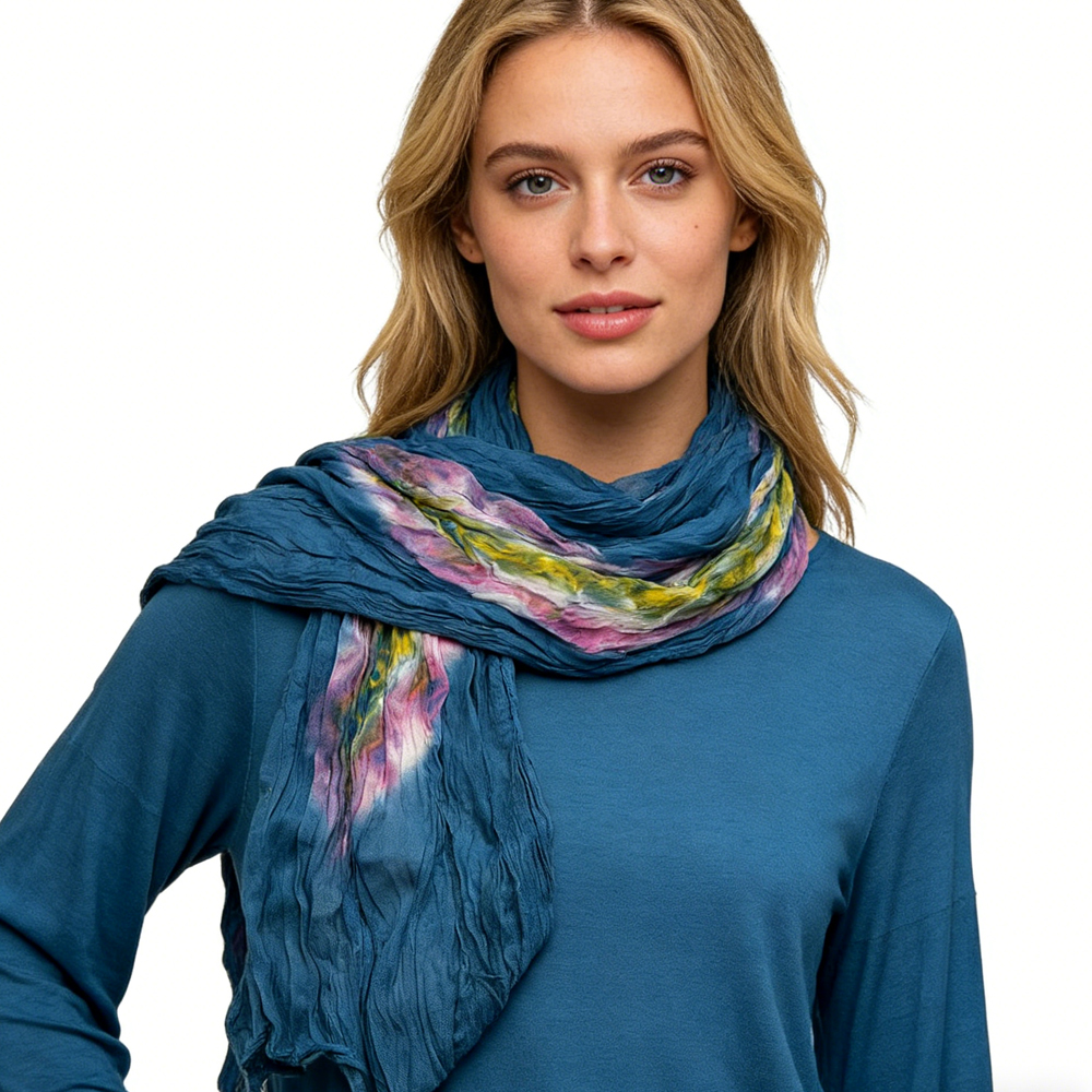 Foulard Coton Tie-Dye Turquoise - Bohémien Froissé 67x26po