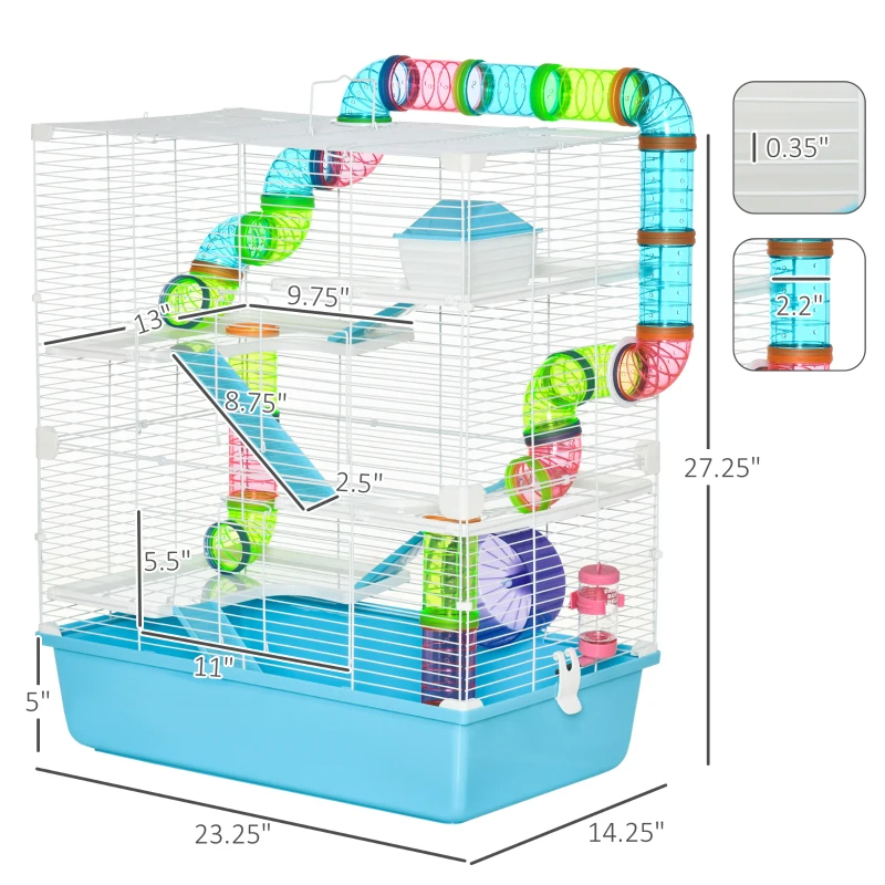 Cage hamster tubes tunnels poignées 5 étages roue exercice bleu