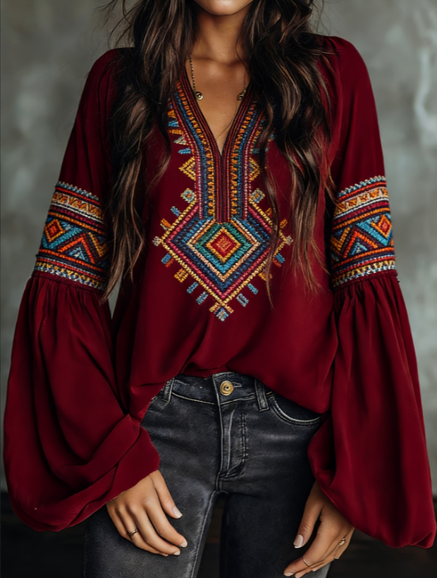 Chemise ample à manches longues brodée style ethnique rétro