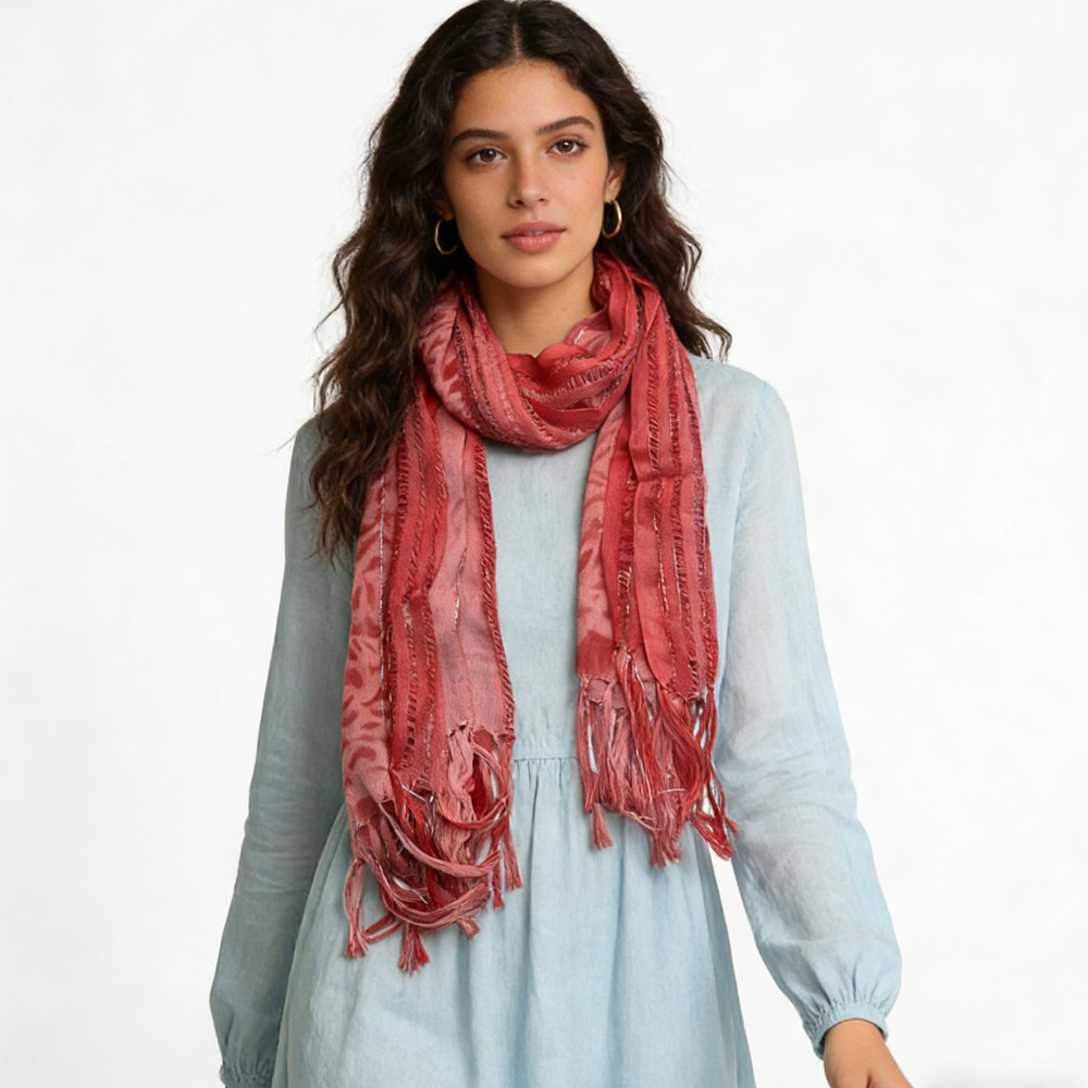 Foulard viscose léopard rose fils métalliques long bohème