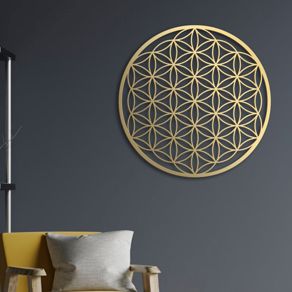 Décor mural métal Fleur de Vie une pièce chambre salon