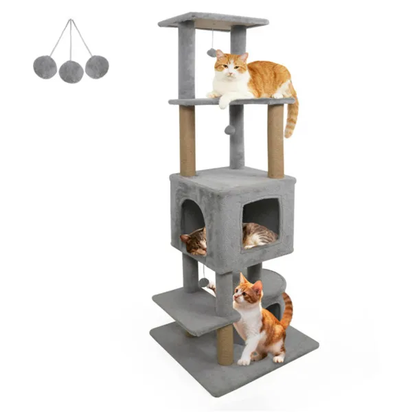 Tour chat 64" gris clair 3 balles jute anti-basculement