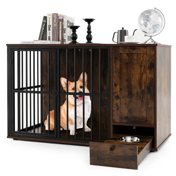 Table niche chien 2-en-1 café métal petit/moyen