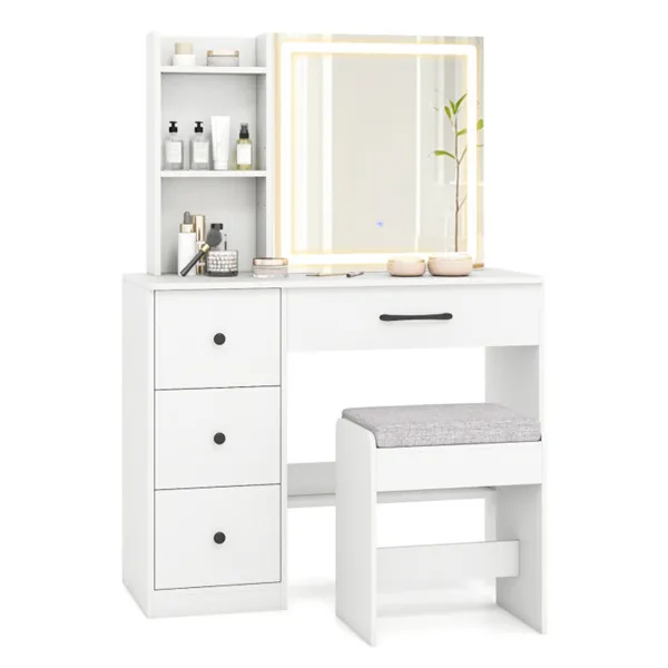 Bureau vanité blanc miroir LED tabouret rangement