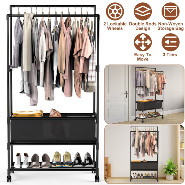 Portant vêtements 3 niveaux portable - Doubles tiges rangement