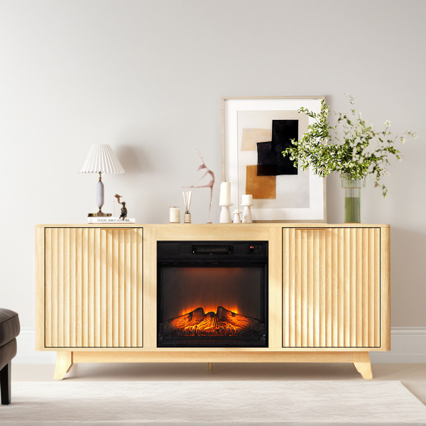 Meuble TV foyer chêne, insert 18 po, portes grilles, poignées dorées