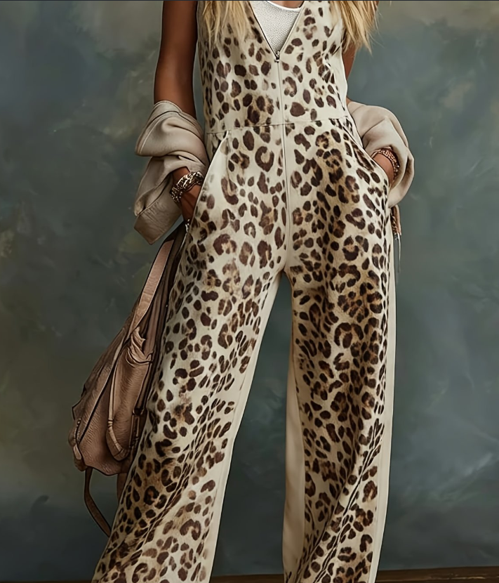 Salopette large rétro léopard col V femme