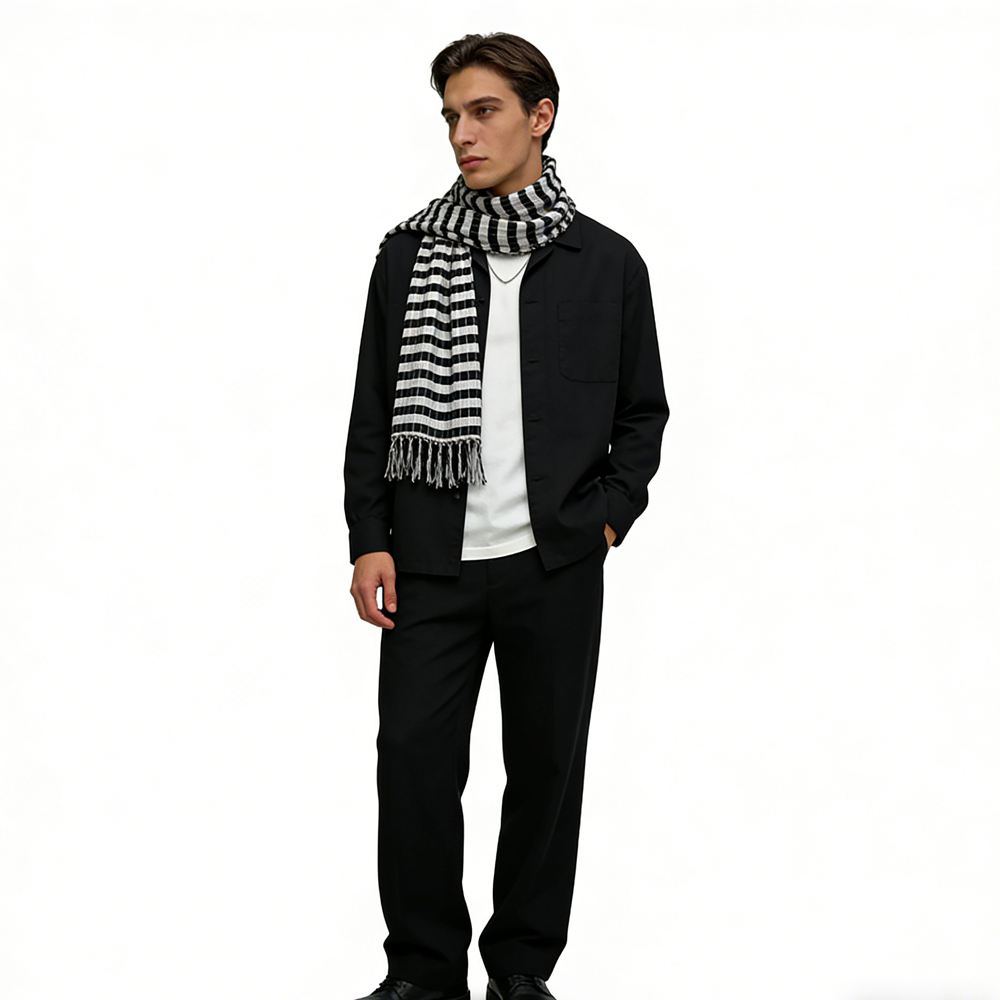 2 foulards carrés noir blanc rayures fils métallisés