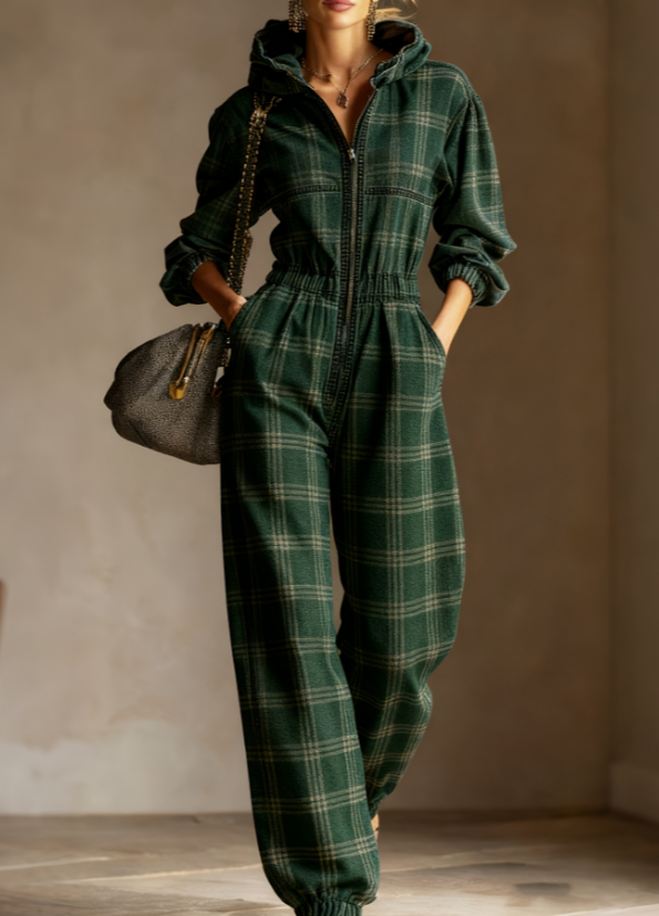 Jumpsuit à carreaux à capuchon taille cintrée