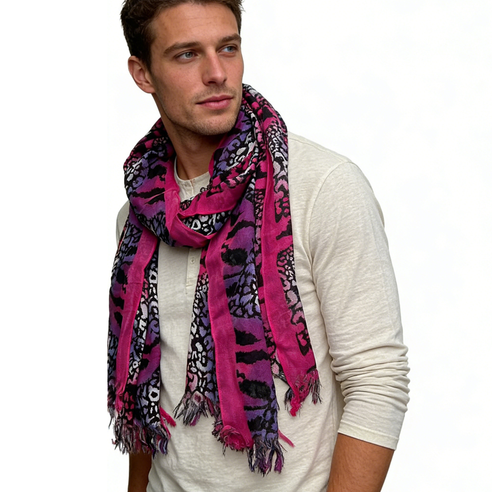 2 foulards longs rose vif motif créatif, nœuds imprimés