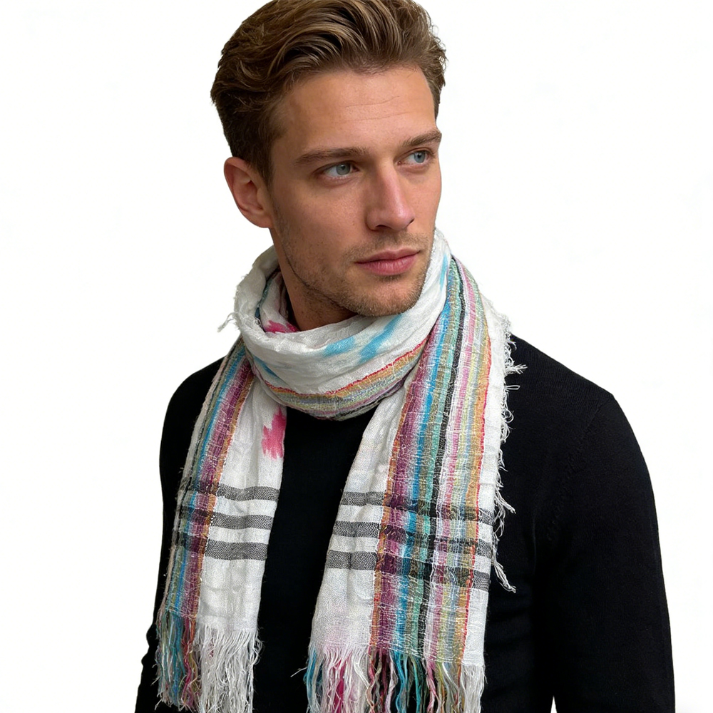 2pcs Foulard carré rayé coloré avec franges, look luxe