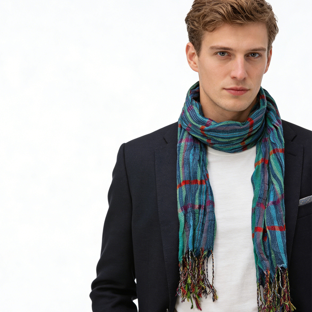 2pc Foulard bleu marine jacquard extra-long femme