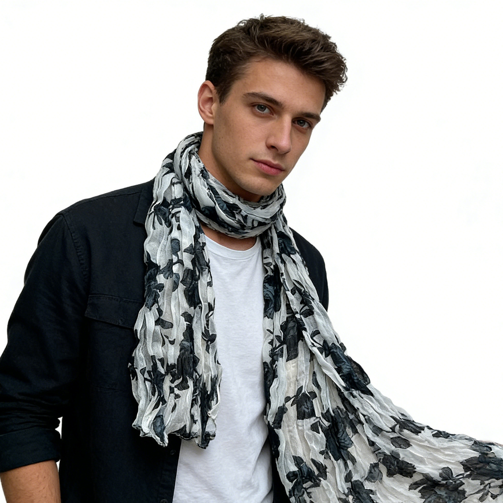 2pc Foulard graphique noir blanc texture froissée