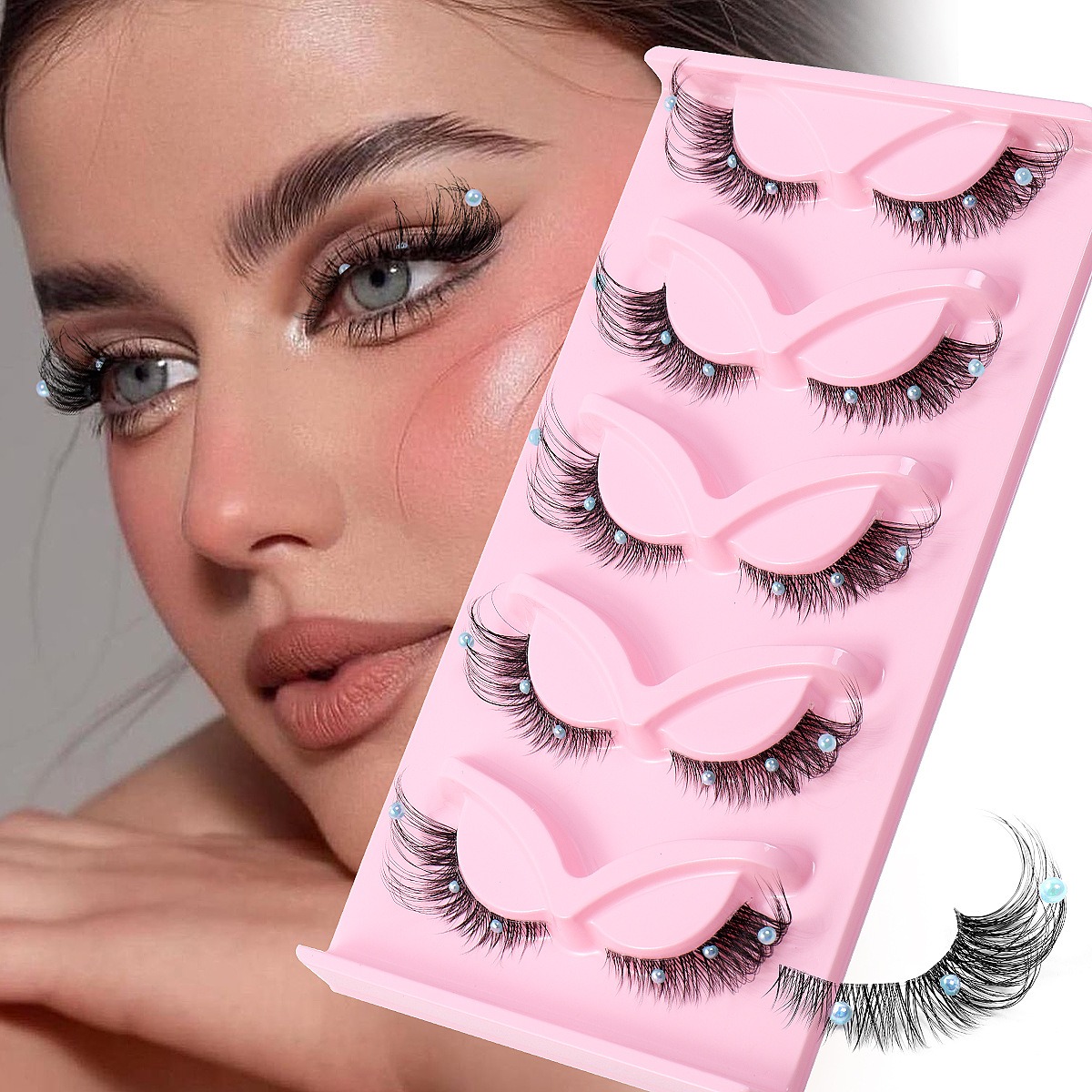 Faux cils 5 paires, bande transparente, effet winged