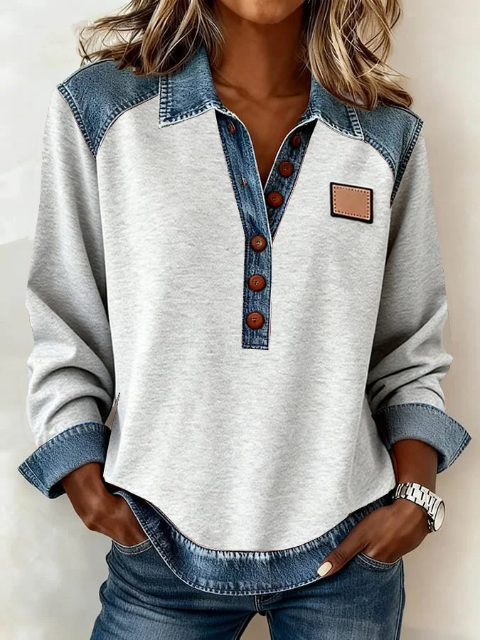 Chemise patchwork denim casual manches longues