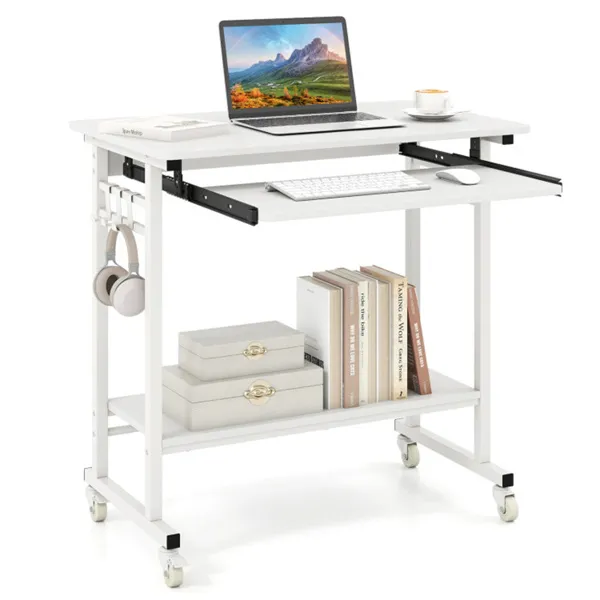 Bureau informatique blanc tablette clavier roulettes verrouillables