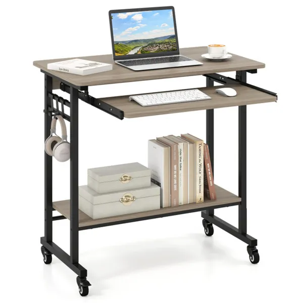 Bureau informatique gris tablette clavier roulettes verrouillables