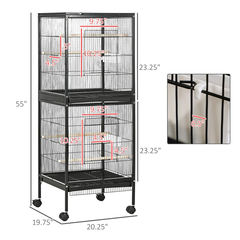 Cage oiseau 2 en 1 avec roues noire finches